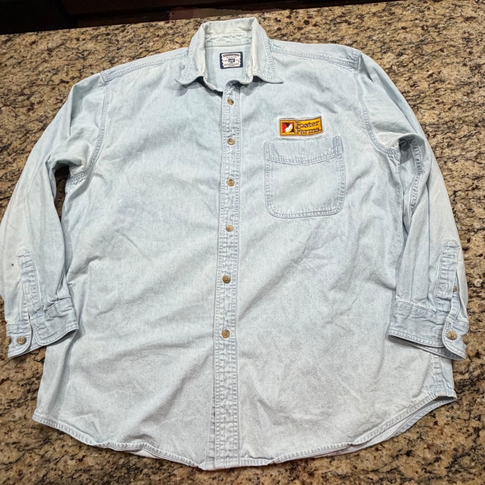 Vintage Lee Denim Employee Foster Farms Patch Shirt Mens XL Light Wash